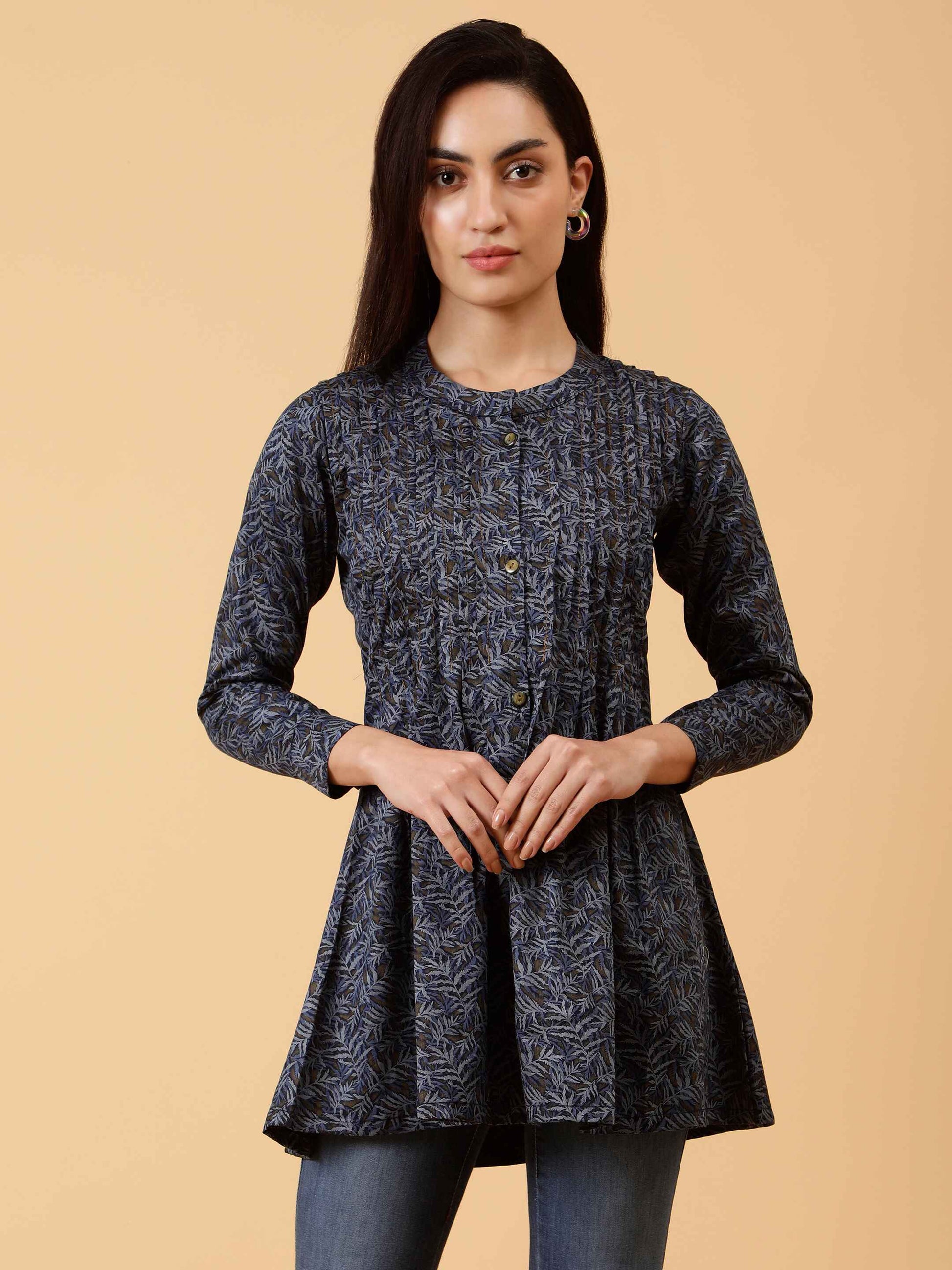 FarzIndia-Blue-Pinstck-Long-Top-FloralPrint-Modestshirt