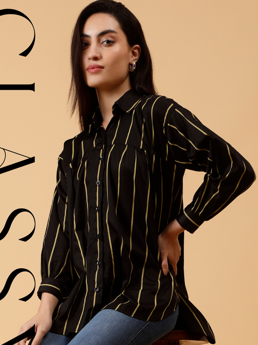 Black Loose Shirt With Almond Stripe