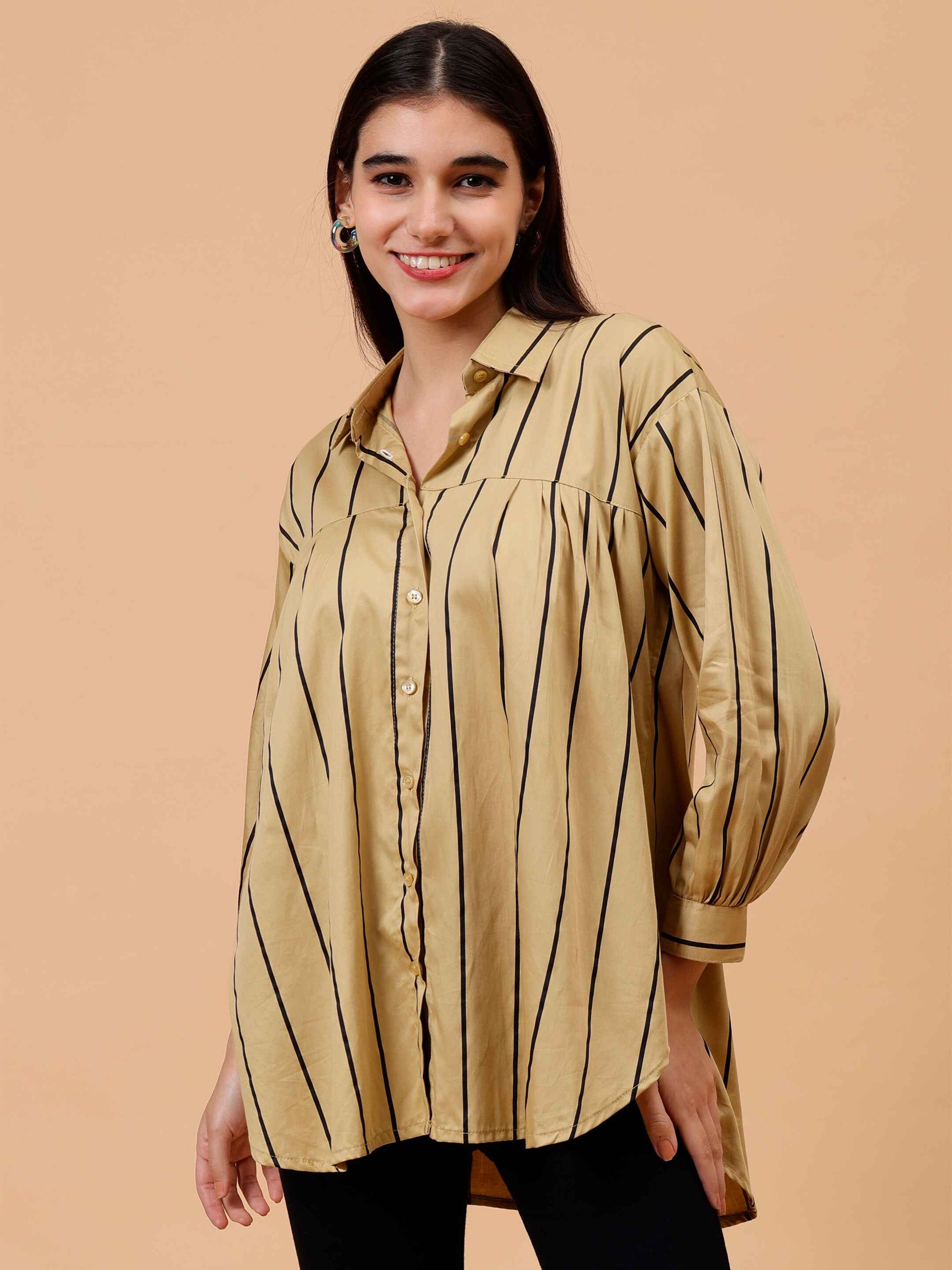 Women's Almond Loose Stripe Shirt front view