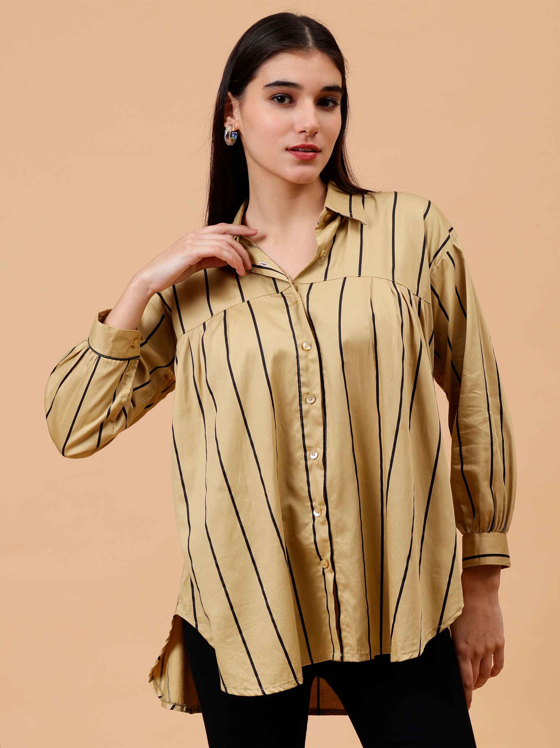 Women's Almond Loose Stripe Shirt front view