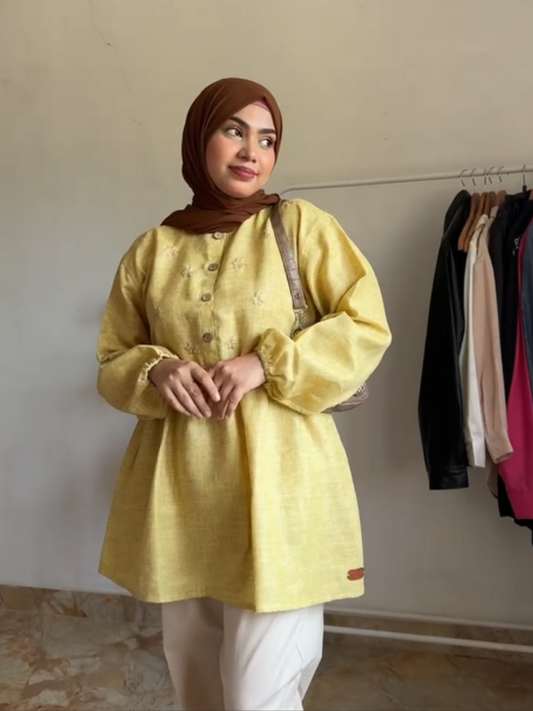 Mustard Grace Floral Handwork Top